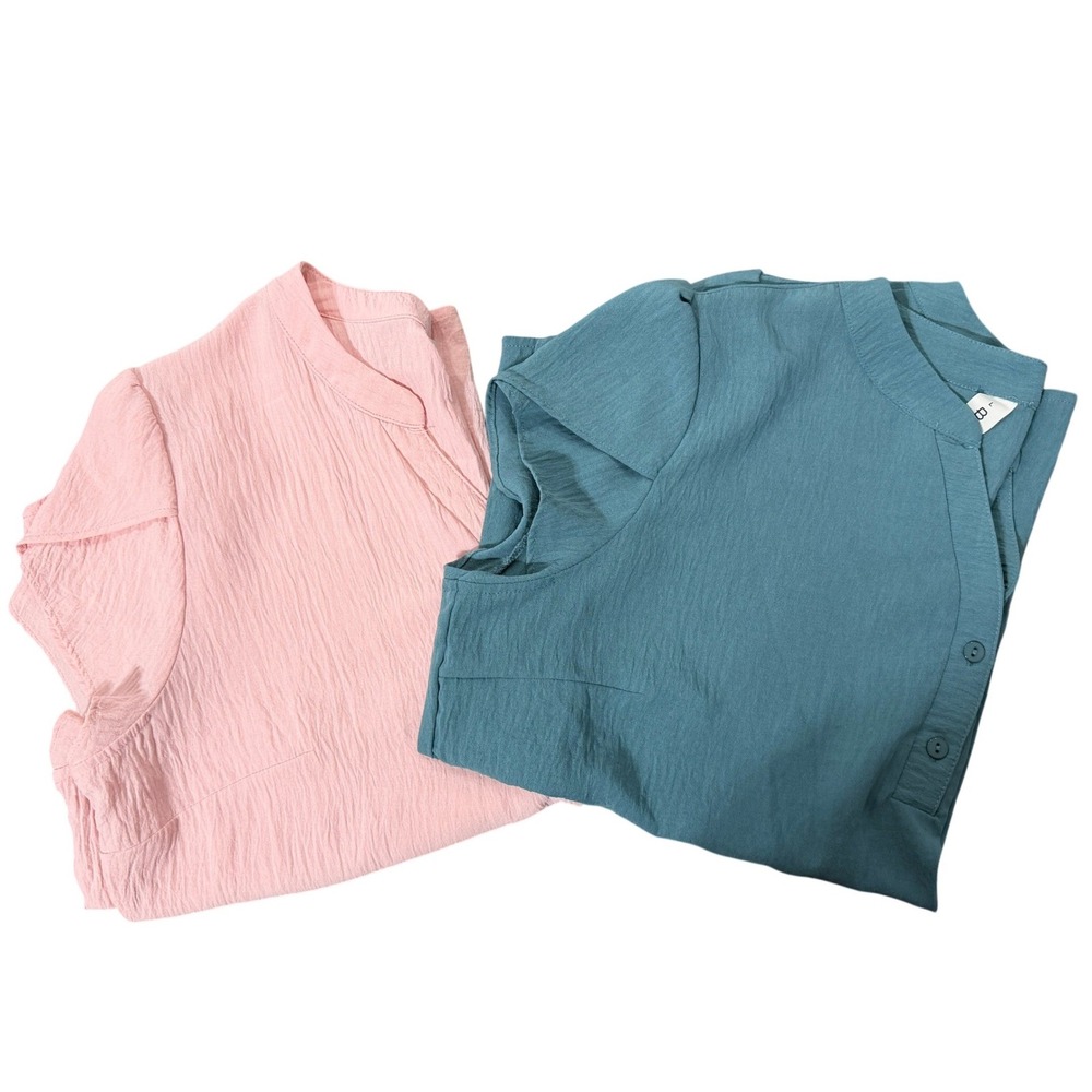 Lot of 2 "B" Women Textured Gauzy Tulip Sleeve Blouse Pink Teal Blue Size Large